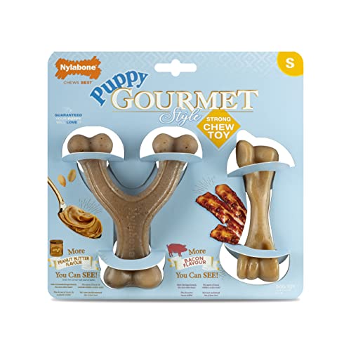 Nylabone Maximale Stärke Tough Extreme Welpe Gourmet Knochen Kauspielzeug, Erwachsene Zähne, durchgehend mit Hühner- und Erdnussbutter, klein, für Welpen 0-11kg, Doppelpack von Nylabone