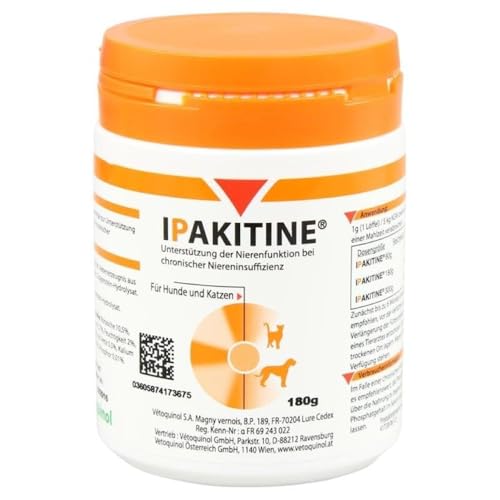 Vetoquinol Ipakitine Pulver | 180 g | Ergänzungsfuttermittel für Katzen und Hunde | Es kann zur Vorbeugung von Nierenproblemen beitragen | Enthält Calciumcarbonat von Vetoquinol