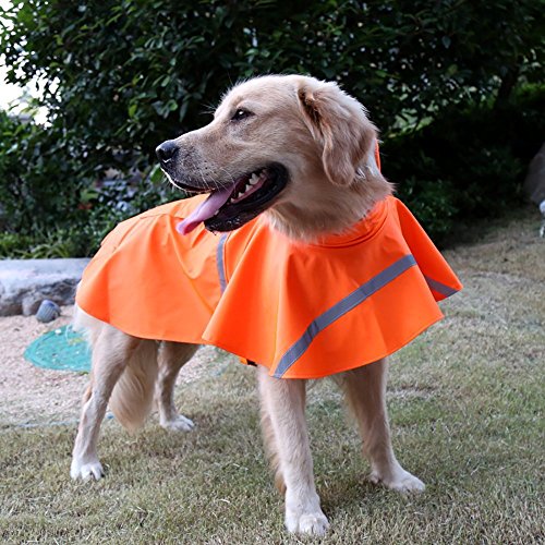 OCSOSO Wasserdichter Hund Regenjacke, Regenmantel Hund mit Kapuze Fit Hundegeschirr, Leichte und Reflektierende Regen Hundemantel Regenschutz Jacket und Coat for Kleine und Mittlere Hund (Orange S/M) von OCSOSO