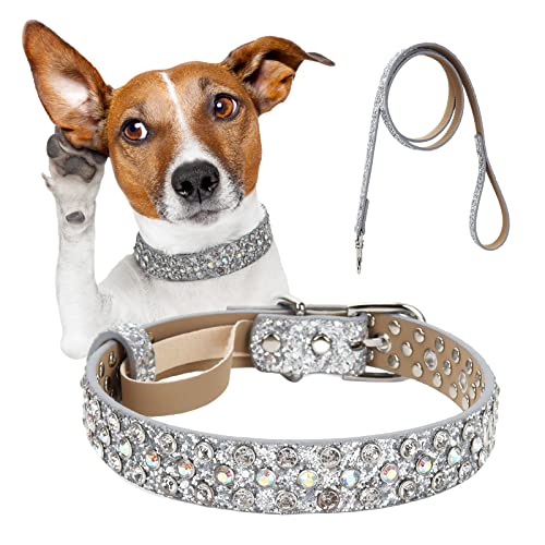 Hundehalsband mit Strasssteinen, glitzernd, mit Leine, verstellbar, schillernd, glitzernd, Mikrofaser, Leder, mit Stacheln, niedlich für kleine und mittelgroße und große Mädchen, Hunde und Katzen von OCTBERSIEG