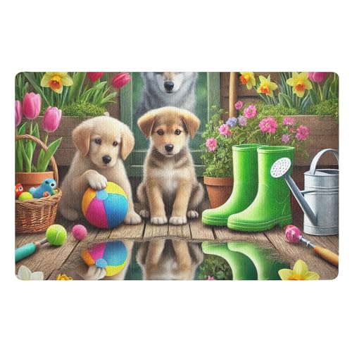 ODAWA Playful Puppies Fußmatte, 81,3 x 50,8 cm, stabile Vordertürmatte, saugfähig, schmutzabweisend, Willkommens-Fußmatte, Gelb von ODAWA