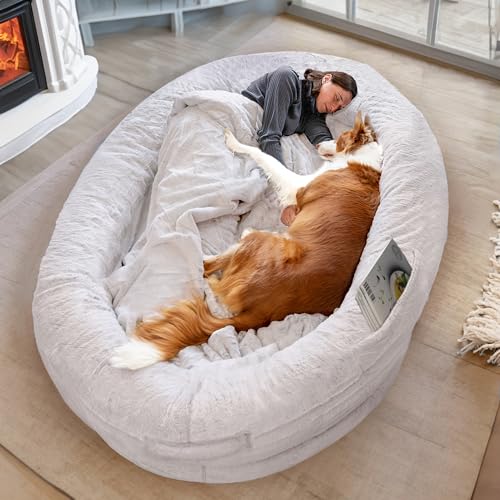 Hundebett für Menschen & Hunde | Riesiges Human Dog Bed für Menschen | Bequemes Hundebett für Menschen & Haustiere in Menschengröße für Erwachsene | Decke Inklusive & Abnehmbarer Bezug | Hellgrau von ODOXIA