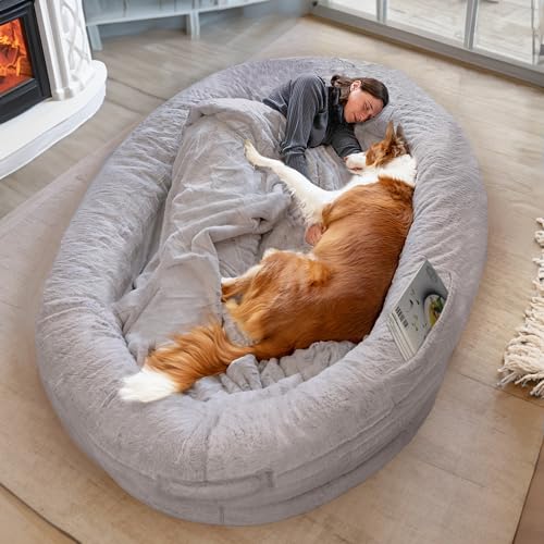 Hundebett für Menschen & Hunde | Riesiges Human Dog Bed für Menschen | Warmes & bequemes Beanbag Bed | Hundebett für Menschen & Haustiere in Menschengröße | Decke Inklusive & Abnehmbarer Bezug | Grau von ODOXIA