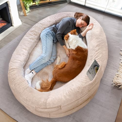 Hundebett für Menschen & Hunde | Riesiges Human Dog Bed für Menschen | Warmes & bequemes Beanbag Bed | Hundebett für Menschen & Haustiere in Menschengröße für Erwachsene | Bezug abnehmbar | Beige von ODOXIA