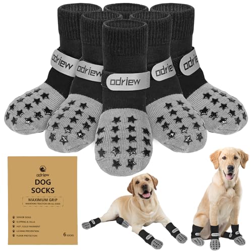 Odriew 6 Stück Hundesocken gegen Lecken von Pfoten, doppelseitige rutschfeste Hundesocken für Hartholzböden, rutschfester Pfotenschutz mit elastischen reflektierenden Riemen für mittelgroße und große von ODRIEW