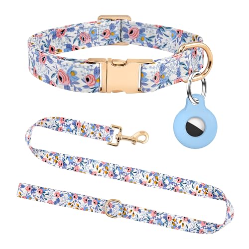 Hundehalsband und Leine, Set mit AirTag-Halter, verstellbare Hundehalsbänder mit Schnellverschluss-Metallschnalle, blaues Blumenmuster mit weicher Polsterung für kleine, mittelgroße und große Hunde von OEBEESA