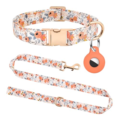 Hundehalsband und Leine, Set mit AirTag-Halter, verstellbare Hundehalsbänder mit Schnellverschluss-Metallschnalle, Blumenmuster mit weicher Polsterung für kleine, mittelgroße und große Hunde von OEBEESA