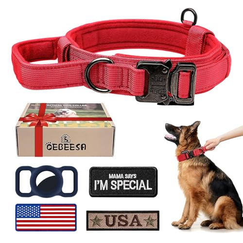 OEBEESA Taktisches Hundehalsband, verstellbar, Militär-Halsband: Nylon-K9-Halsbänder mit Griff und robuster Metallschnalle für mittelgroße und große Hunde mit 3 Flicken und Airtag-Etui-Halter (Rot, von OEBEESA