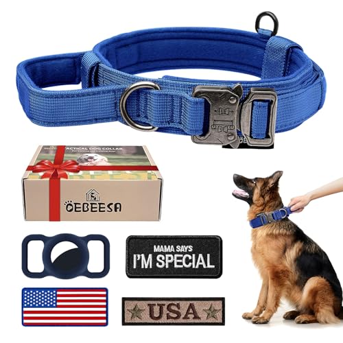 OEBEESA Taktisches Hundehalsband, verstellbar, Militär-Halsband: Nylon-K9-Halsbänder mit Griff und robuster Metallschnalle für mittelgroße und große Hunde mit 3 Flicken und Airtag-Etui-Halter (Blau, von OEBEESA