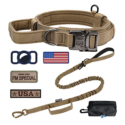 OEBEESA Taktisches Hundehalsband Verstellbares Militärhalsband: - Nylon K9 Halsbänder mit Griff und robuster Metallschnalle für mittelgroße und große Hunde mit 3 Patches und Airtag Case Holder (XL, Braun-Set) von OEBEESA