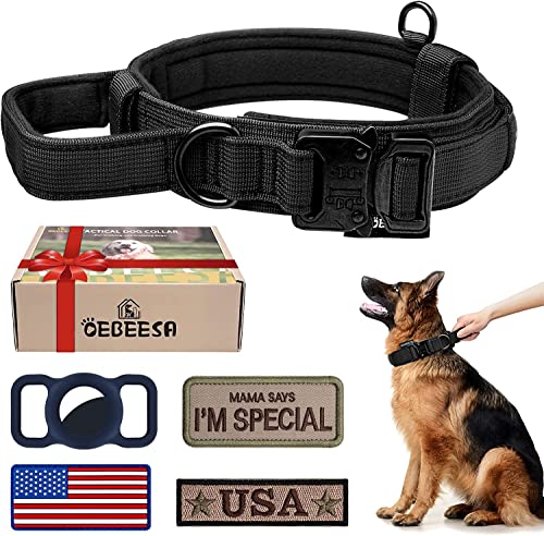 OEBEESA Taktisches Hundehalsband Verstellbares Militärhalsband: - Nylon K9 Halsbänder mit Griff und robuster Metallschnalle für mittelgroße und große Hunde mit 3 Patches und Airtag-Etui-Halter (XXL, von OEBEESA