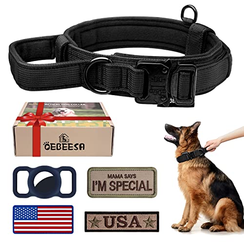 Taktisches Hundehalsband Verstellbares Militärhalsband Nylon K9 Halsbänder mit Kontrollgriff und robuster Metallschnalle für mittlere und große Hunde mit 3 Patches und AirtagCaseHalterung (L, von OEBEESA
