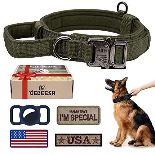 Taktisches Hundehalsband Verstellbares Militärhalsband Nylon K9 Halsbänder mit Kontrollgriff und robuster Metallschnalle für mittlere und große Hunde mit 3 Patches und AirtagCaseHalterung (L, von OEBEESA