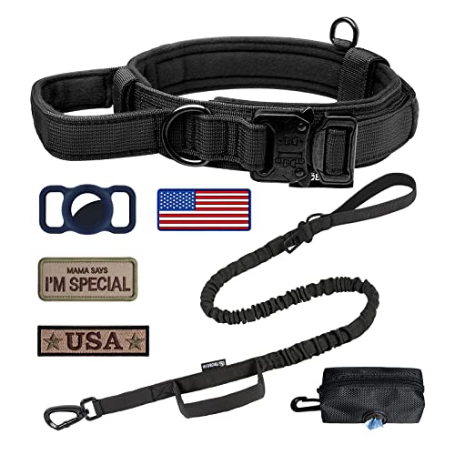 Taktisches Hundehalsband Verstellbares Militärhalsband: Nylon K9 Halsbänder mit Kontrollgriff und robuster Metallschnalle für mittelgroße und große Hunde mit 3 Patches und Airtag Case Holder (XL, von OEBEESA