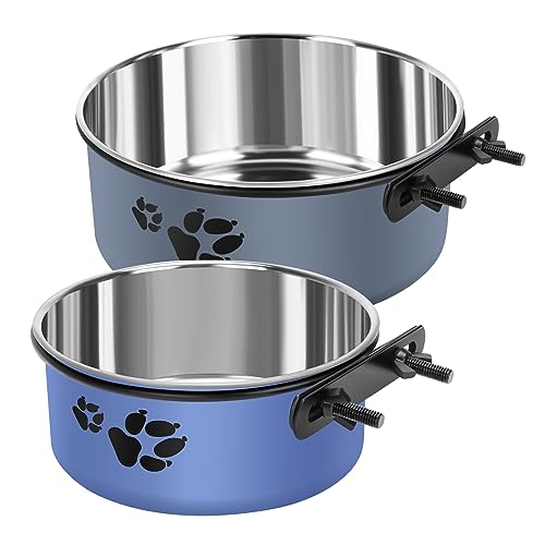 2 Stück Zwinger Wassernapf, Edelstahl Hundebox Wassernapf Kein Verschütten, Hängender Hundenäpfe für Zwinger Käfig, Metall Tierfutter Wassernapf für kleine mittelgroße Hunde, Blau Grau von OFFKITSLY