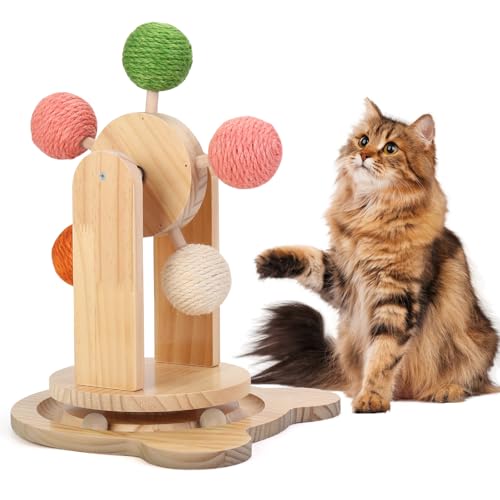 OFFKITSLY Katzenräder für Indoor-Katzen, 2-in-1-Katzenspielzeug, Kugelbahn, interaktiver Kratzball, Spielzeug, Katzenkratzball, massiver Holzsockel von OFFKITSLY