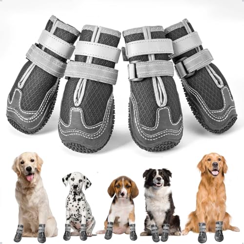 Hundeschuhe mit atmungsaktivem Netz, Anti-Rutsch Hundestiefel mit reflektierenden Riemen, verschleißfeste Gummisohle Hundeschuhe Pfotenschutz fürkleine, mittlere und große Hunde 4 Stück(S, Schwarz) von OHCOZZY