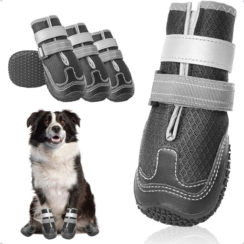 Hundeschuhe mit atmungsaktivem Netz, Anti-Rutsch Hundestiefel mit reflektierenden Riemen, verschleißfeste Gummisohle Hundeschuhe Pfotenschutz fürkleine, mittlere und große Hunde 4 Stück(S, Schwarz) von OHCOZZY