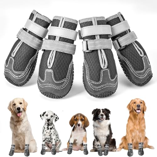 Hundeschuhe mit reflektierenden Riemen, Anti-Rutsch Hundestiefel mit atmungsaktivem Netz, verschleißfeste Gummisohle Hundeschuhe Pfotenschutz fürkleine, mittlere und große Hunde 4 Stück(L, Schwarz) von OHCOZZY