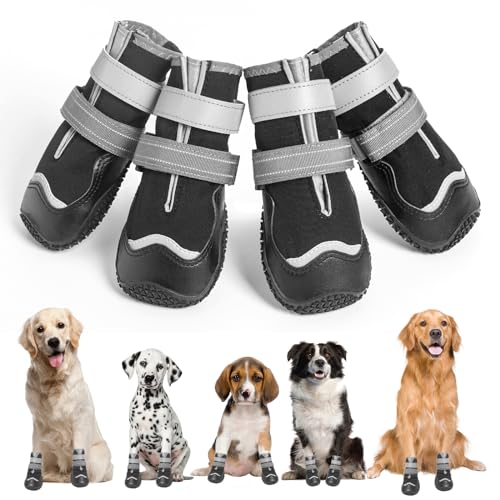 OHCOZZY Hundeschuhe mit reflektierenden Riemen, Wasserdicht Anti-Rutsch Hundestiefel, Verschleißfeste Gummisohle Hundeschuhe Pfotenschutz fürkleine, Mittlere und Große Hunde 4 Stück(S, Schwarz) von OHCOZZY