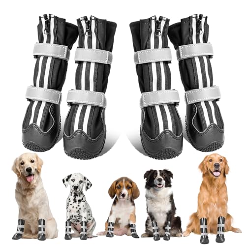 OHCOZZY Hundeschuhe mit reflektierenden Riemen, Hundestiefel mit Reißverschluss wasserdichte, Hundeschuhe Pfotenschutz fürkleine, mittelgroße und große Hunde 4 Stück(Größe L, Schwarz) von OHCOZZY