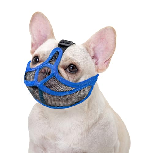 Ohcozzy Maulkorb für Hunde mit kurzer Schnauze, bedeckt nicht die Stirn, Bulldogge, verstellbares Netzgewebe, verhindert Beißen, Kauen, Bellen (S, Blau) von OHCOZZY