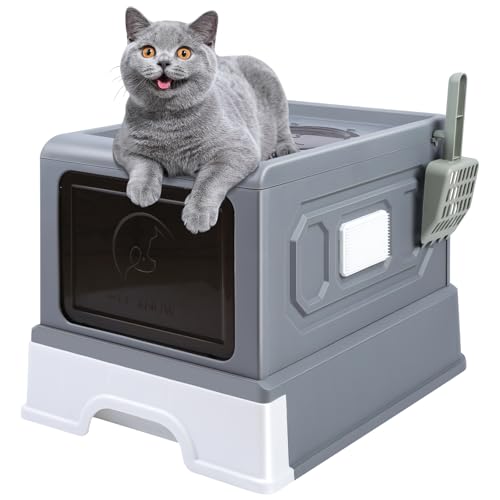 OHMG Geschlossene Katzentoilette, Katzentoilette, abnehmbares Tablett, Schaufel, Bürste, für große Katzen, Tragfähigkeit 15 kg, schmutzabweisend, auslaufsicher von OHMG