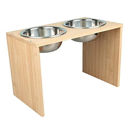 OHMG Hundeschüsseln für Hunde und Katzen Futternapf Bambus Futternapf und Hundenapf Elevated Stands Futternapf Teller mit 2 Edelstahlschalen und rutschfesten Füßen (3) von OHMG