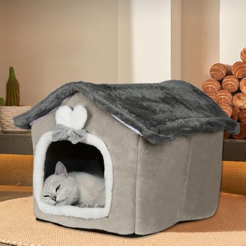 OHMG Katzenbett große Katzen Katzenhöhle,Plüsch Katzenhaus Indoor mit abnehmbarem Katzenkissen,Katzen Bettchen waschbar (Braun, 46 * 36 * 40cm) von OHMG