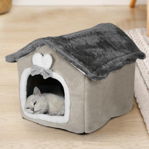 OHMG Katzenhöhlenbett,Waschbares Hundebett,Warmes Und Gemütliches Plüschkatzen-Iglu,Faltbares Komfortables Haustier-Katzenhaus,Haustierbett Mit Rutschfestem Boden (Braun, 42 * 34 * 38cm) von OHMG