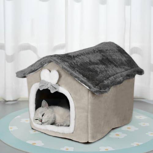 OHMG Katzenhöhlenbett,Waschbares Hundebett,Warmes Und Gemütliches Plüschkatzen-Iglu,Faltbares Komfortables Haustier-Katzenhaus,Haustierbett Mit Rutschfestem Boden (Braun, 46 * 36 * 40cm) von OHMG