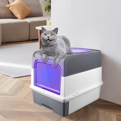 OHMG Katzenklo,Katzentoilette,mit Deckel,UV-Desinfektion,ausziehbares Tablett,Schaufel,Bürste,geräumig für Katzen bis 15 kg,Anti-Geruch Doppeltürige Katzentoilette mit Deckel von OHMG