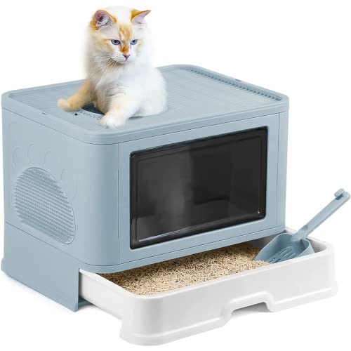 OHMG Katzenklo,Vollständig Geschlossene Katzentoilette mit Deckel Schubladentyp Desodorierende Cat Litter Box Gross Faltbare Katzen klo mit Haustier-Kunststoffschaufel,für Katzen bis 15 kg von OHMG