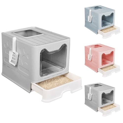 OHMG Katzenklo Edelstahl, Katzentoilette mit Deckel+Zubehör Inklusive Schaufel und Matte,Katzen Klo Geschlossen Groß, XXL Cat Litter Box,Ausziehbares Tablett (Asche-51 * 41 * 38cm) von OHMG