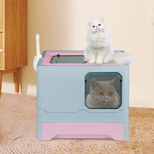 OHMG Katzentoilette, Katzentoilette für Katzen, geschlossene Katzentoilette für große Katzen, Katzentoilette mit Deckel, abnehmbarem Tablett, Filter und Streuschaufel (C-Blau-45 x 35 x 38 cm) von OHMG