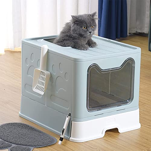 OHMG Katzentoilette, Katzentoilette für Katzen, geschlossene Katzentoilette für große Katzen, Katzentoilette mit Deckel, herausnehmbarem Tablett, Filter und Streuschaufel (Blau-51 x 41 x 38 cm) von OHMG