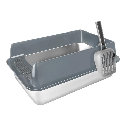 OHMG Katzentoilette aus Edelstahl mit Schaufel, einfache Reinigung, Metall, Toilettenhaus, abnehmbare Kanten, auslaufsicher, für ausgewachsene Katzen, Kätzchen, Kaninchen, BPA-frei, Öffnung oben von OHMG