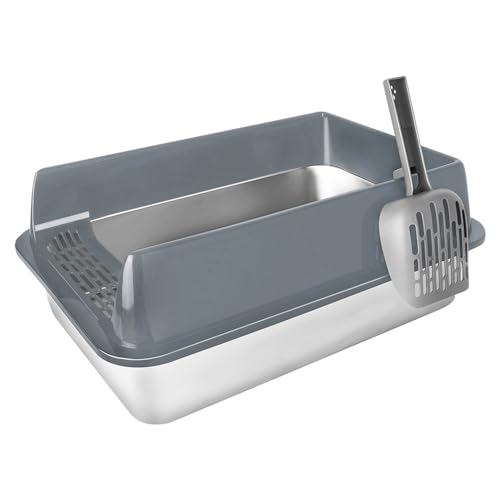 OHMG Katzentoilette aus Edelstahl mit Schaufel, einfache Reinigung, Metall, Toilettenhaus, abnehmbare Kanten, auslaufsicher, für ausgewachsene Katzen, Kätzchen, Kaninchen, BPA-frei, Öffnung oben von OHMG