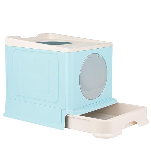 OHMG Katzentoilette für Katzen, Katzentoilette, geschlossene Katzentoilette für große Katzen, Katzentoilette mit Deckel, herausnehmbarem Tablett, Filter und Streuschaufel (E-Blau-48 x 39 x 34 cm) von OHMG