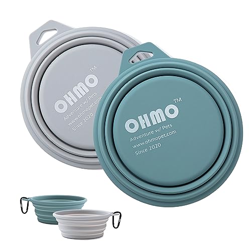 OHMO Faltbare Hundenapf, (2 Stück 400ml, Hellblau&Asch) Premium Silikon Haustier Wassernapf für Katzen & Hunde, Tragbare Hundereise-Napf Faltbar für Outdoor Camping Wandern von OHMO