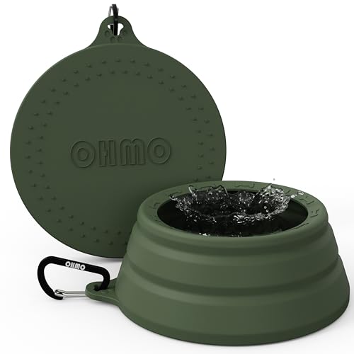 OHMO Faltbarer Hundenapf Anti Tip Over breite Basis kleine Öffnung, Reisenapf Hund, Weniger Spritzer Verschütten Tragbare Pet Bowl für Road Trip, Katze Reisezubehör (700ml, Camouflage-Grün) von OHMO