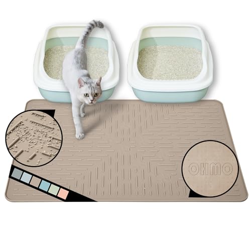 OHMO Katzenklo Matte aus Premium-Silikon 80x60cm Groß, Wasserdicht und BPA-Frei Katzenstreu Matte, Einfach zu Reinigen Katzenmatte(Beige) von OHMO