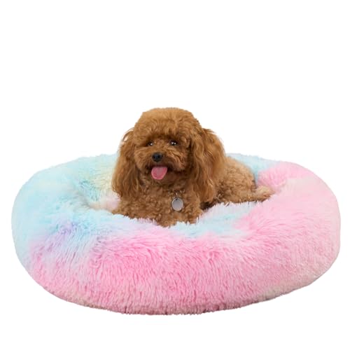 OHS Großes rosafarbenes Hundebett, superweich, flauschig, luxuriös, Welpenbett, rosa Katzenbett für Hunde, Haustiere, warmes rundes Donut-Hundebett für Zuhause, Wohnzimmer, Küche, Batikfärbung von OHS