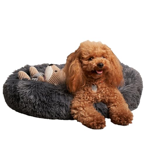 OHS Hunde-Donut-Bett, Anthrazit, Teddy, weiche Schlafbettwäsche für Katzen und Hunde, Flauschiges Hundebett, Haustiermatratze für Wohnzimmer, Küche, flauschig, rutschfest, Größe M von OHS