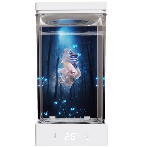 Kleines Betta-Fischtank, 1,5 l, intelligentes Aquarium-Set, konstante Temperatureinstellung zwischen 20–30 °C, mit LED-Licht, einfache Einrichtung und Wartung, perfektes Starter-Tank-Fischglas, Weiß von OIKSPY