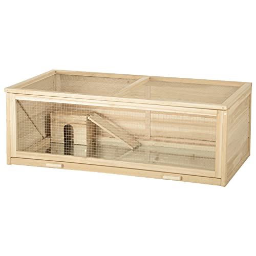 Nagetierkäfig 110x58x38cm Kaninchenstall Holz Glas Hamster Ratte Tray Haus für Meerschweinchen Hamster Kleintierhaus Haustiere Outdoor,Naturholz, von OJRF