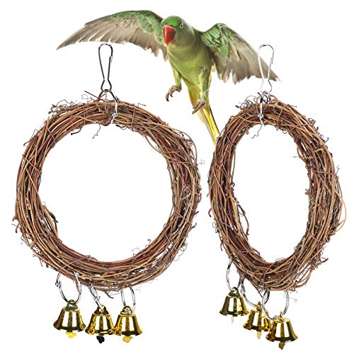 2pcs Papageien schwingen mit Glocken, Rattan hängen kauende Bissenspielzeug mit Glocken, Vogelseilstangen Parrot Swing für Budgie Cockatiels Conures Finken kleine Sittiche von OKJHFD