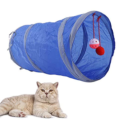 Katzen Tunnel, zusammen klappbares interaktives Tunnels pielzeug mit hängender Kugel, Haustier-Katzen-Zelt-Tunnel-gerades Kanal-Rohr-Spielzeug für Katzen-Kätzchen-Kaninchen, das (Royalblue) von OKJHFD