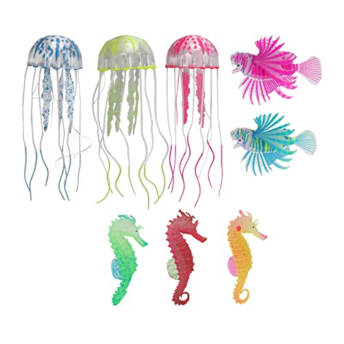 OKJHFD 8 Pieces Luminous Aquarium Decoration Silicone Artificial Fluorescent Jellyfish Luminous Lionfish Seahorse Aquarium Decoration Suitable for Fish Tank Aquarium Landscaping von OKJHFD