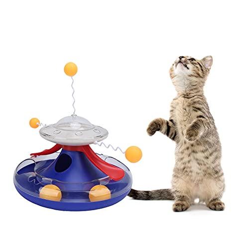 OKJHFD Katzen-Drehteller-Leckspielzeug, Kreisverfolgungs-Puzzle-Futterausgabespielzeug, Indoor-Puzzle-Snack-Futterspender, Leckerli-Spender mit Katzen-Teaser und rotierendem Trackball (Dark Blue) von OKJHFD